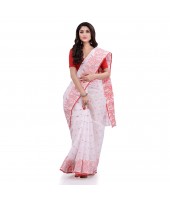 DESH BIDESH Women`s Traditional Pure Handloom Cotton Saree Flower Floral Woven Designer Without Blouse Piece(White)